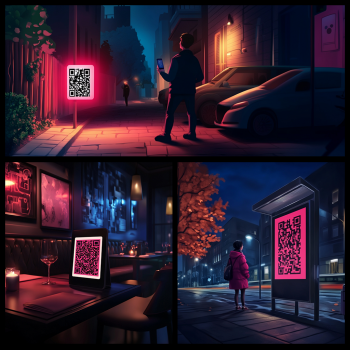 The image is a triptych showing three different night scenes where a glowing pink QR code is prominently displayed in various public settings: on a street sign, on a restaurant table tablet, and on a bus stop advertisement, with people interacting or passing by them.
